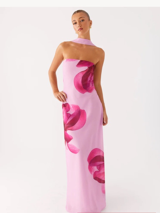 Peppermayo Dresses & Skirts - Peppermayo Pink Strapless Floral Column Gown with Magenta Accents